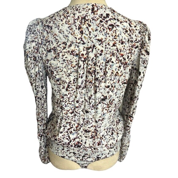 AFRM Bodysuit Puffed Ruched Sleeves Plunged Overlap V Neck Abstract Sz M - Picture 7 of 10